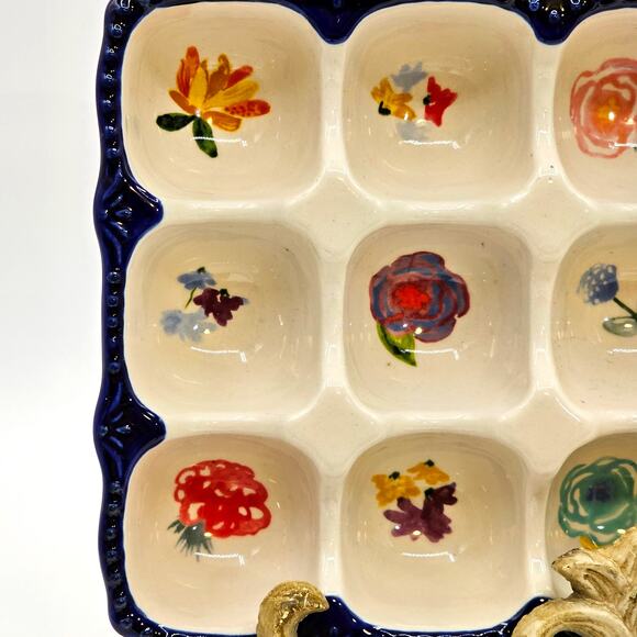 Pioneer Woman Egg Tray Celia Floral Stoneware Blue Hobnail 15-Egg Holder 6x10 - Picture 4 of 8